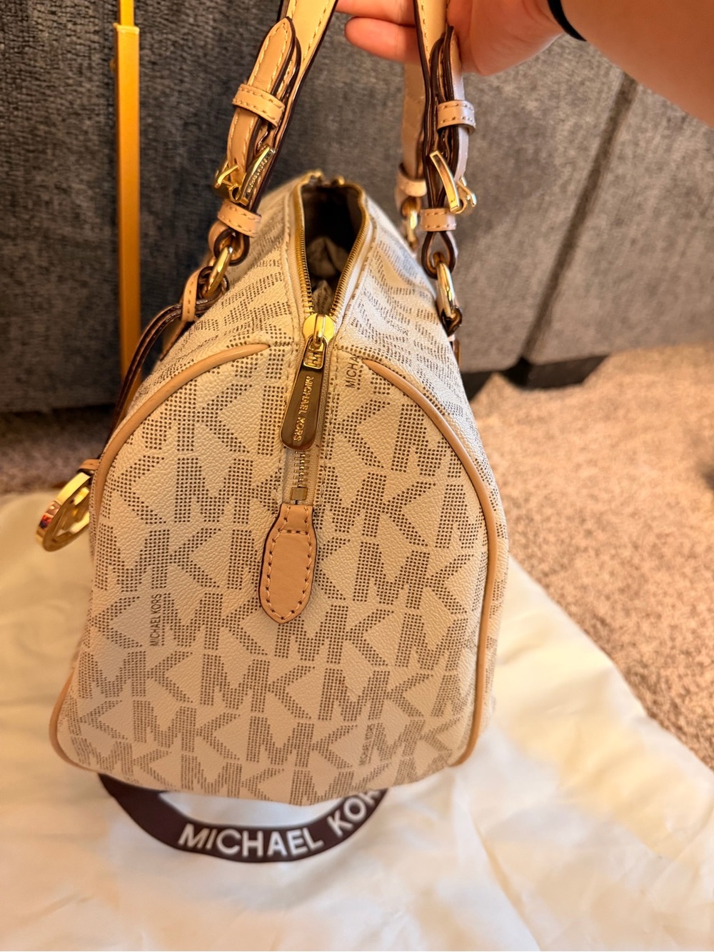 Michael Kors Cream Logo Satchel with Tan Leather Trim and Gold Hardware - Picture 6 of 11
